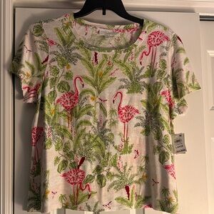 Charter Club Pink Flamingo and Green Leaf Print Top